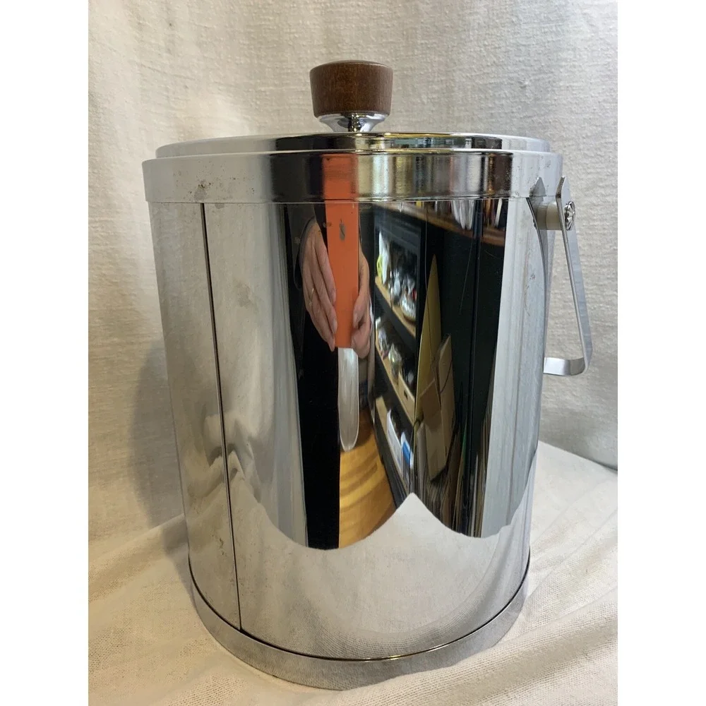 Kromex Ice Bucket Chrome Barware MCM USA w/ box wood accent handles Vint. Large